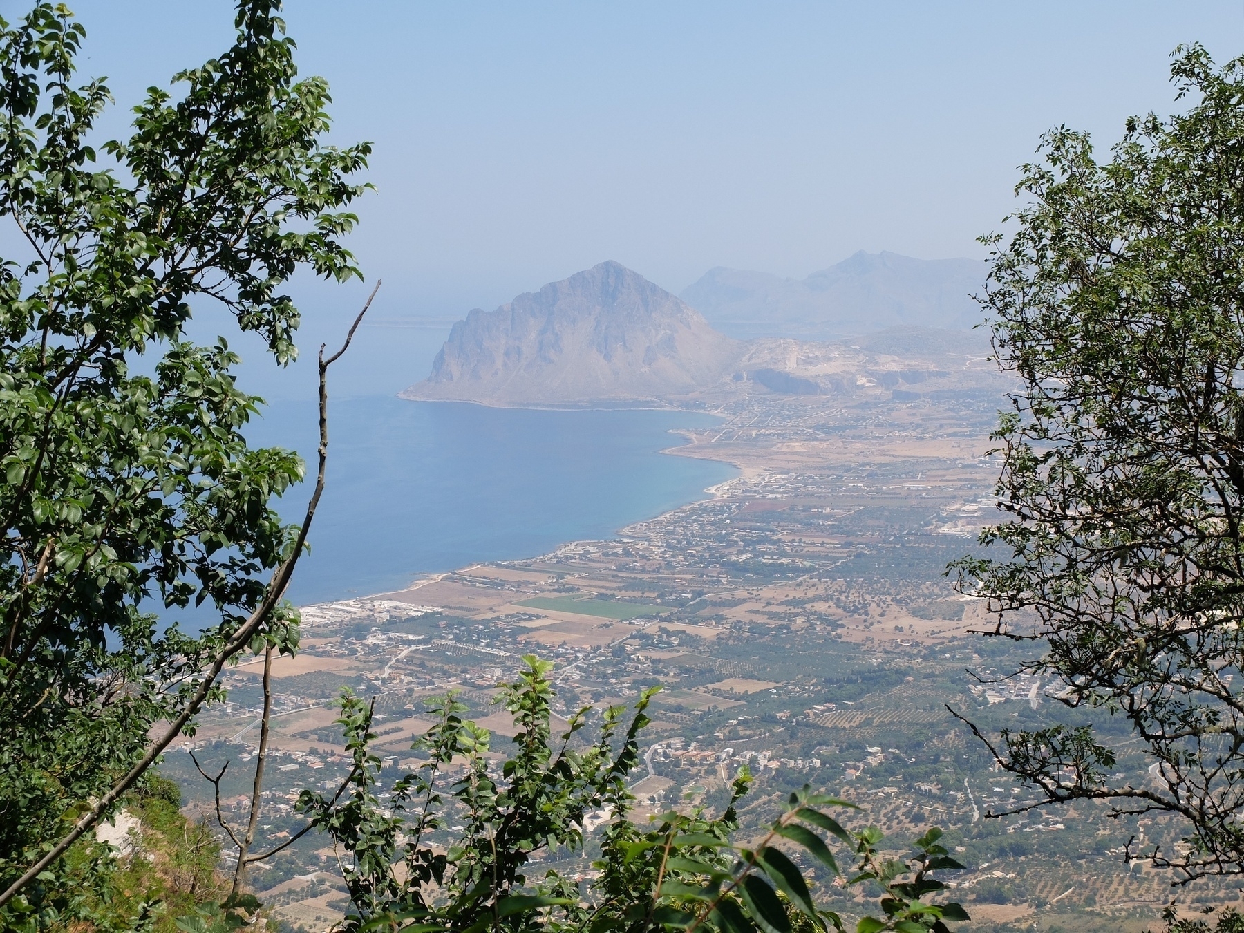 Une vue pittoresque sur une côte avec une montagne imposante en arrière-plan, entourée de végétation.